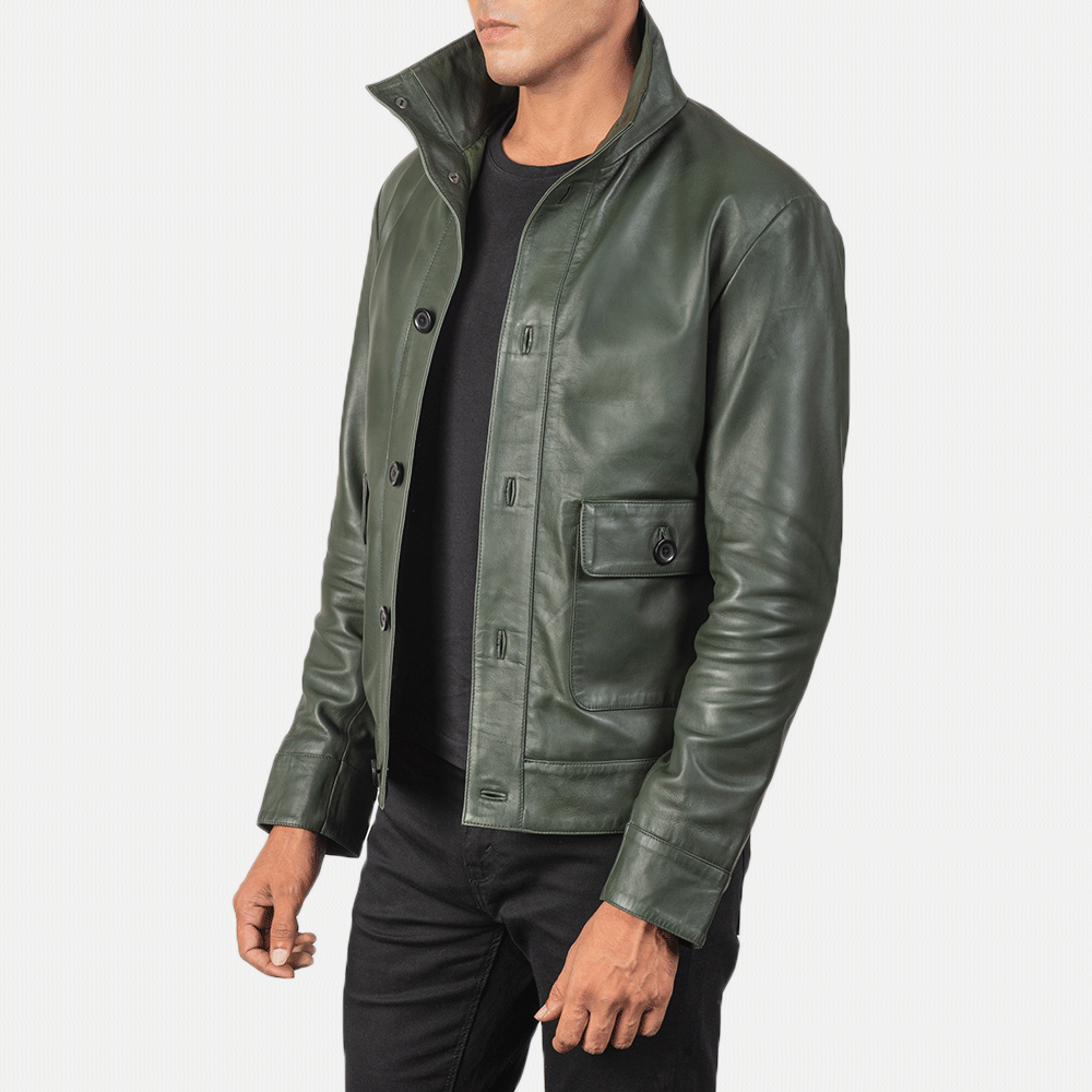 Columbus Green Leather Bomber Jacket