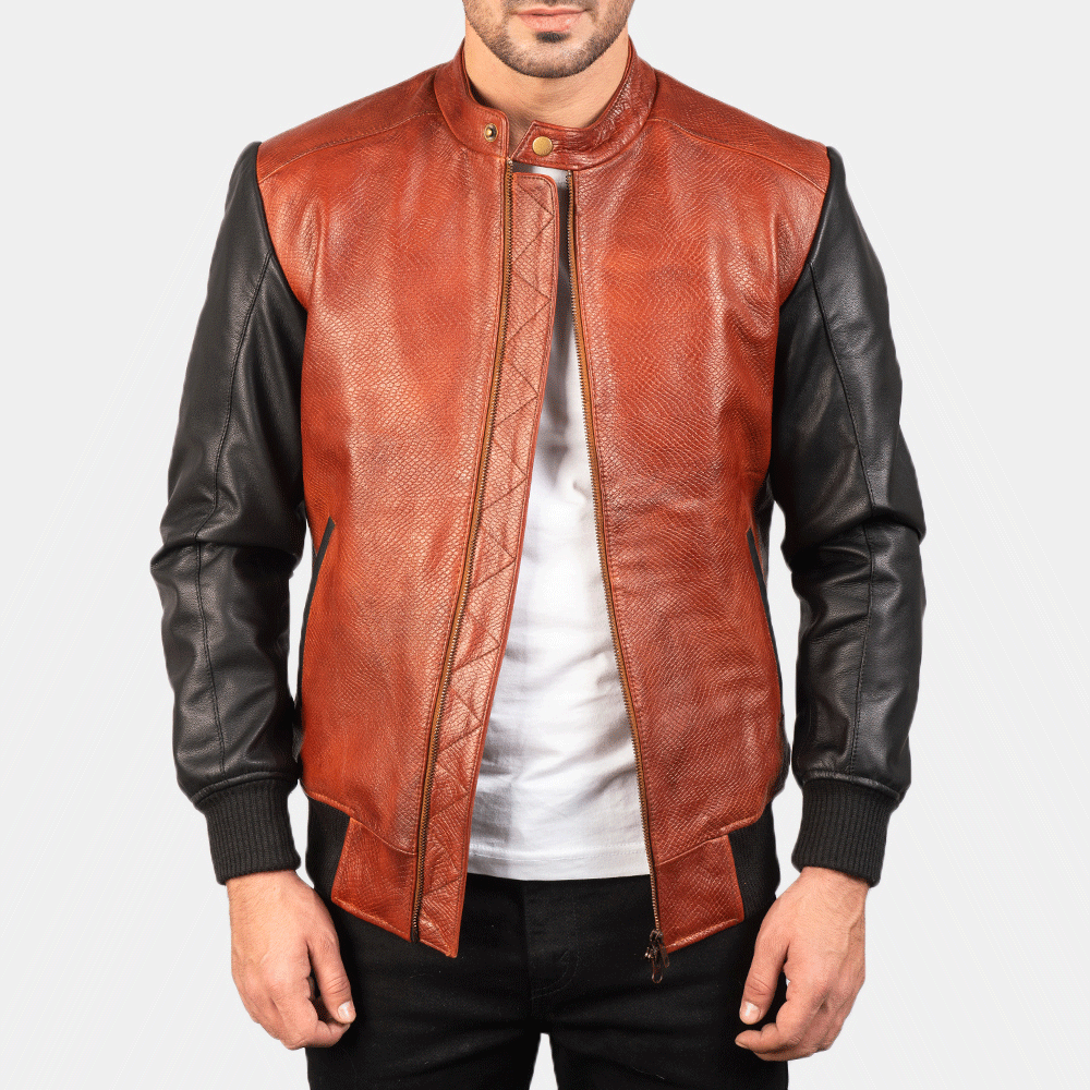 Avan Black & Maroon Leather Bomber Jacket