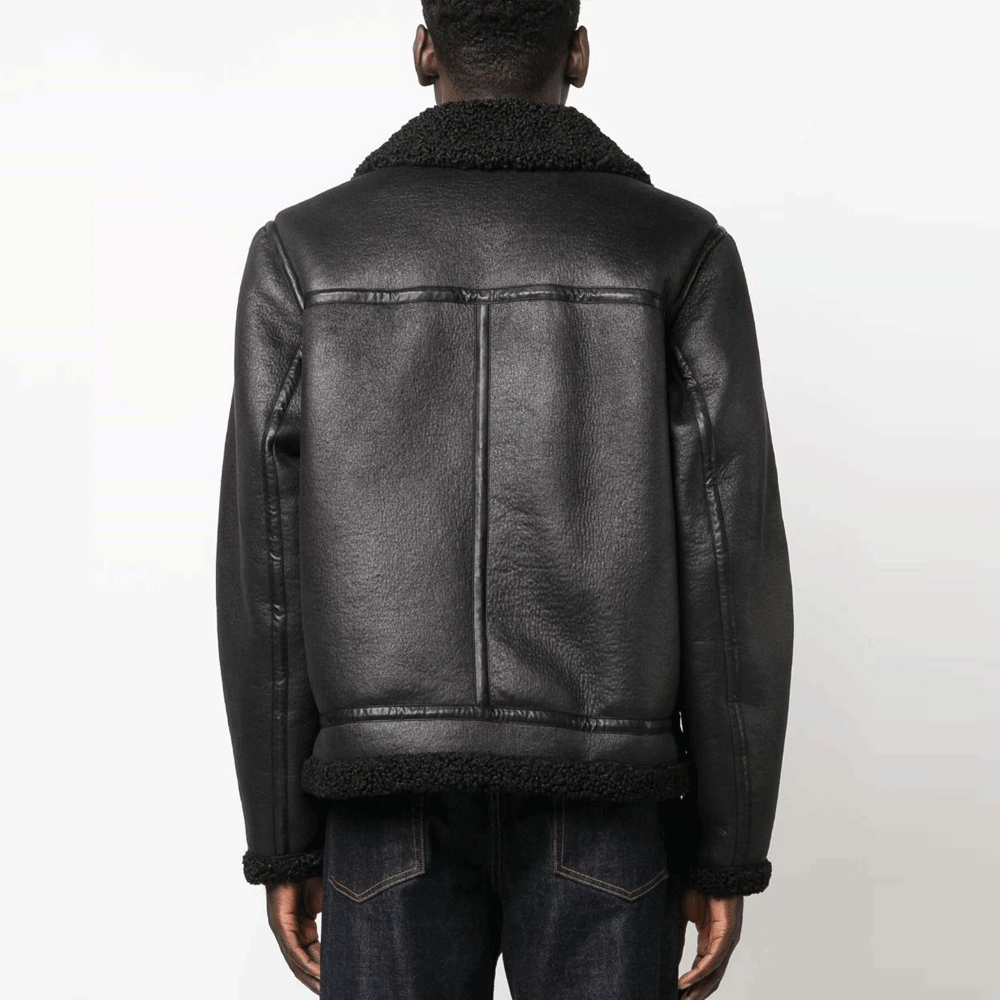 Faux-Shearling Trim Leather Jacket